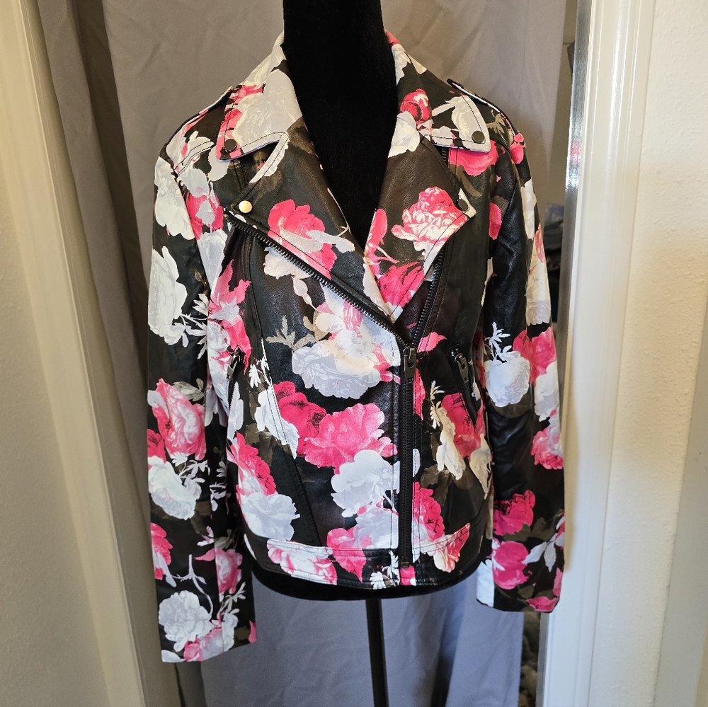SCRIPTED BRAND Floral Moto Faux Leather Jacket MEDIUM
